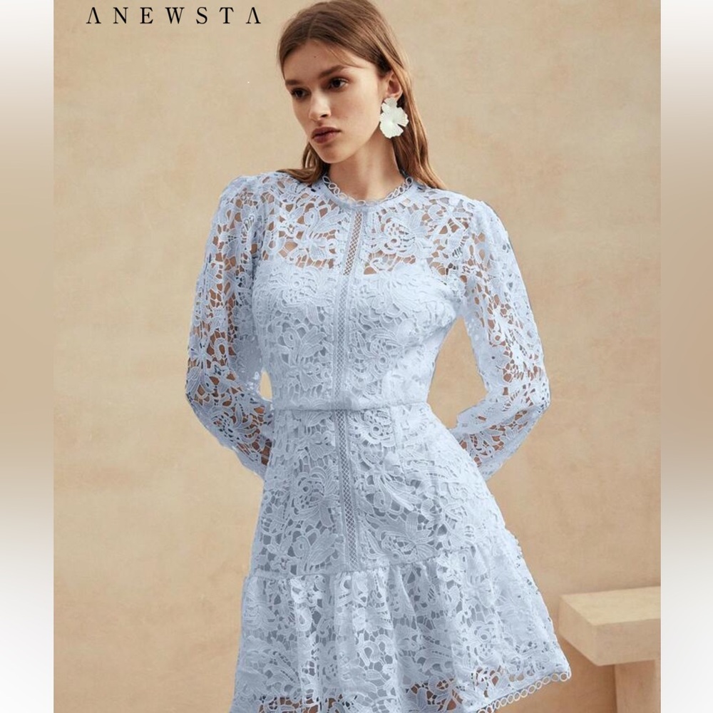 Anewsta Elegant Solid Color Floral Soluble Lace Long Sleeve Dress